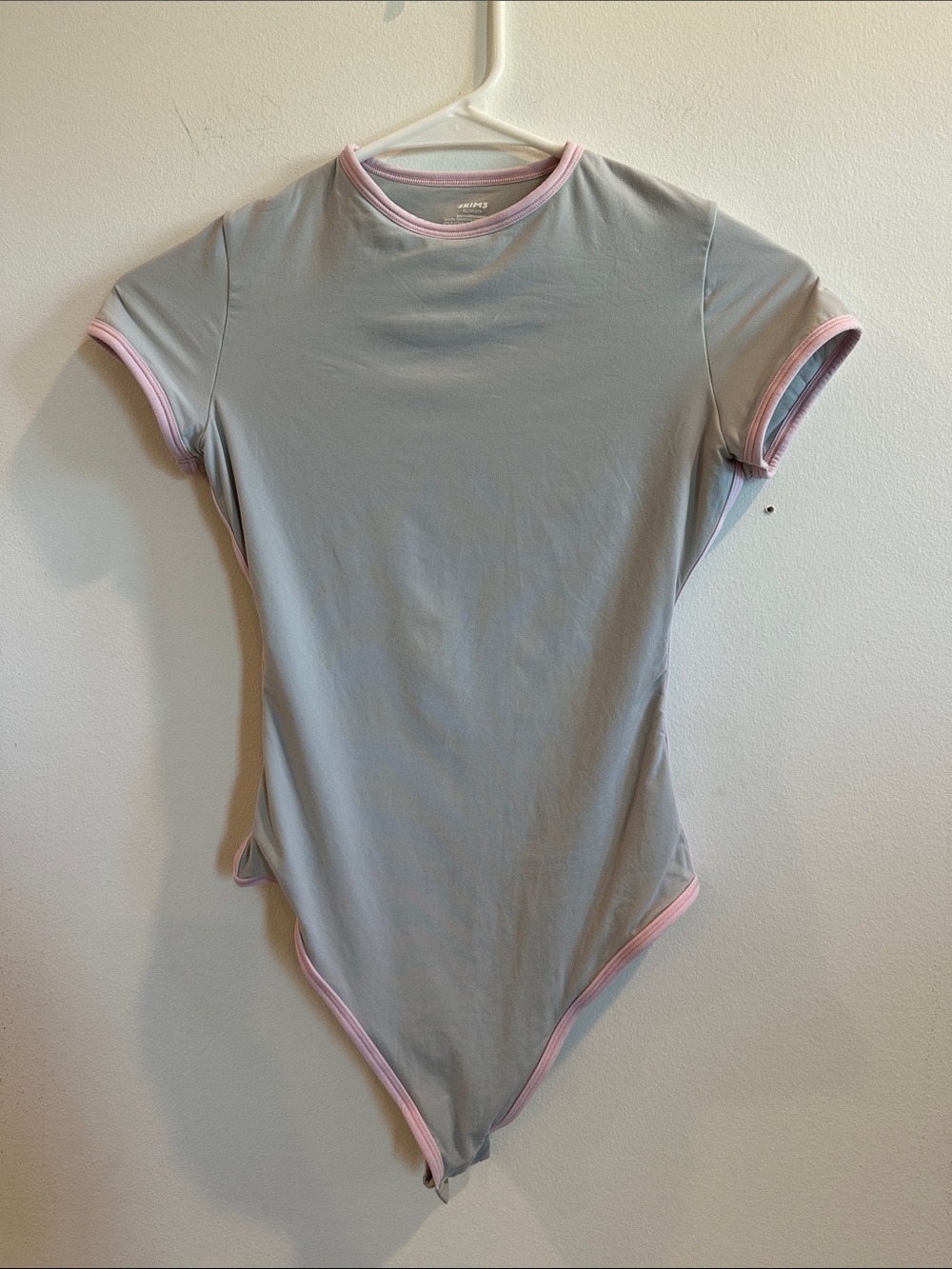 SKIMS Grey Short-Sleeve Bodysuit with Pink Trim